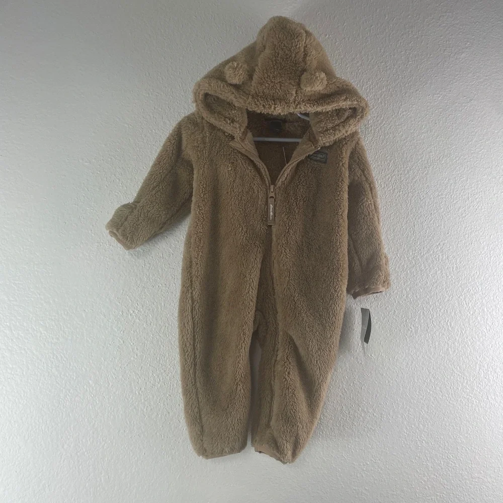 Eddie Bauer Sherpa Fleece Hooded Bunting 12M Tan Havane Gorpcore Teddy Bear Ears